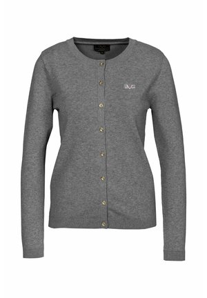 Cardigan gris pour femme à manches longues, boutonné, avec un col rond et un petit logo "1969" sur la poitrine gauche.