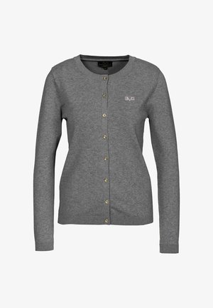Grijze dames cardigan met lange mouwen, knoopsluiting, ronde hals en klein "1969" logo op de linkerborst.