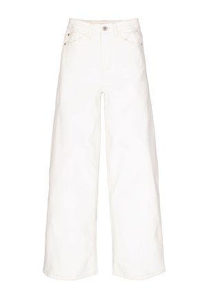 Wide leg white denim jeans with front pockets, belt loops, and button closure.