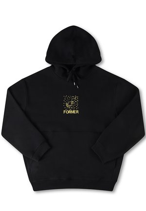 Black hoodie with a front pocket, featuring a yellow graphic of a bird and the word "FORMER" in bold. Soft material with adjustable drawstring.