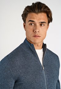 Ung man med brunt hår, klädd i en blå fleecetröja med dragkedja över en vit skjorta, blickar lätt mot sin vänstra sida mot en enkel ljus bakgrund.