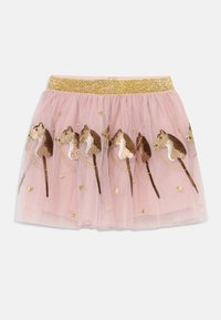Gonna in tulle rosa con una fascia elastica dorata, decorata con ricami di cavalli e cuori dorati disseminati.