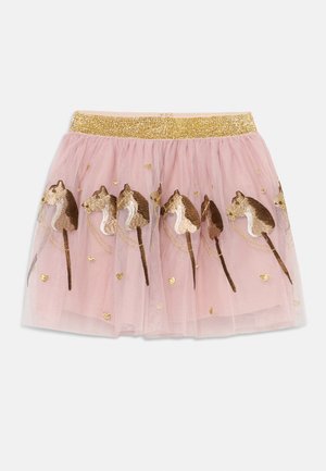 Rosa tullskjørt med gull elastisk midje, med broderte hestedesign og spredte gull hjerteaksenter.