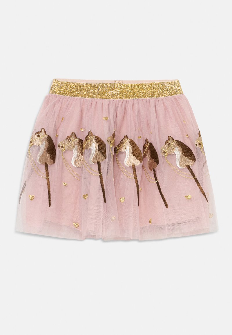 Roze tule rok met een gouden elastische tailleband, voorzien van geborduurde paardenontwerpen en verspreide gouden hartaccenten.