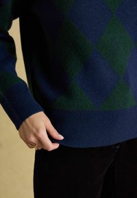 Sinine ja roheline argyle-kirju kampsun, millel on soonikkoes käised ja ääred, valmistatud pehmest kangast, millel on vöökoht ümber keha lähedane sobivus.