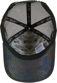 Black cap with mesh back, holographic brim featuring a subtle pattern. Interior displays a design with owl graphics and branding labels.