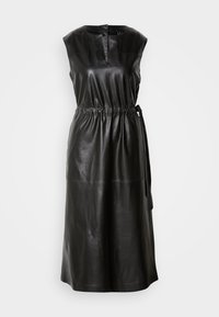 Schwarzes Lederkleid mit ärmellosem Design, einer vorderen Knopfleiste, einem elastischen Bund und einem gebundenen Gürtel-Detail an der Seite.