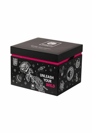 Black box with pink trim, decorated with white space-themed and floral illustrations and text "UNLEASH YOUR WILD" on the side.