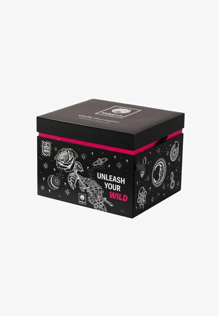 Black box with pink trim, decorated with white space-themed and floral illustrations and text "UNLEASH YOUR WILD" on the side.