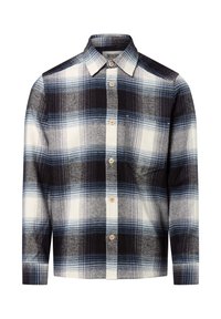 Button-up shirt in a flannel fabric, featuring a black, white, and blue plaid pattern. Light texture with a classic collar and front pocket.