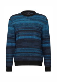 Suéter de rayas azul y negro, de tejido de punto, con cuello redondo, puños y dobladillo acanalados, que presenta patrones horizontales y verticales.