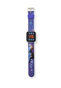 Montre en silicone violette avec un affichage numérique carré, ornée de personnages animés et de motifs de flocons de neige sur le bracelet. Boucle en argent ajustable.