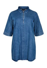 Traperičasta tunika s ovratnikom, polu-zip prednjim dijelom, kratkim rukavima i plavom tkaninom koja ima glatku teksturu i suptilne detalje šivanja.