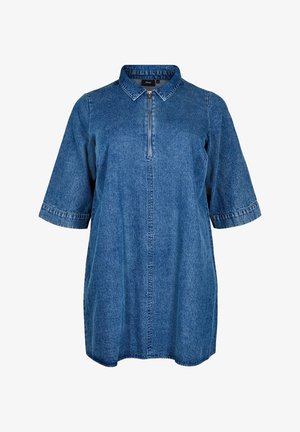 Denim tunika-paita, jossa on kaulus, puolivetoketju edessä, lyhyet hihat ja sininen kangas, jossa on sileä tekstuuri ja hienovaraiset ompelutiedot.