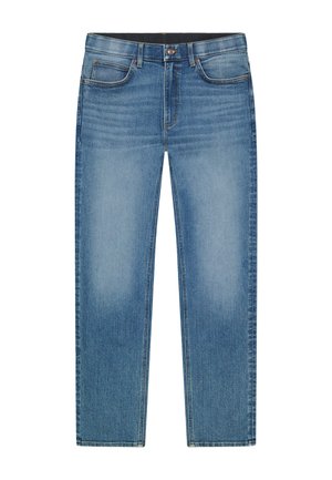 Blaue Jeans aus Denim mit geradem Bein, fünf Taschen, Knopfverschluss und leicht verwaschenen Details an den vorderen Oberschenkeln.