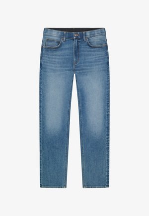 Blaue Jeans aus Denim mit geradem Bein, fünf Taschen, Knopfverschluss und leicht verwaschenen Details an den vorderen Oberschenkeln.