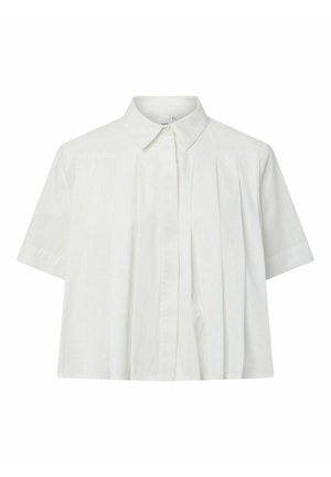 Chemise blanche à manches courtes boutonnée avec panneaux avant plissés et col classique, présentée sur un fond blanc uni.