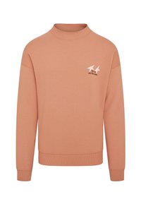Peach cotton sweatshirt with a high neckline. Features long sleeves and a small printed text with arrows on the left chest area.