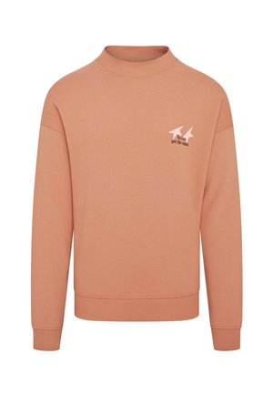 Peach cotton sweatshirt with a high neckline. Features long sleeves and a small printed text with arrows on the left chest area.