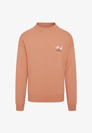 Peach cotton sweatshirt with a high neckline. Features long sleeves and a small printed text with arrows on the left chest area.