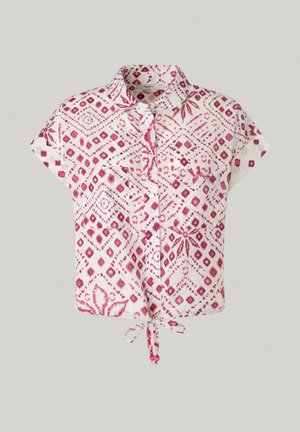 Korte mouwen, overhemd met knopen in witte stof met een roze geometrisch patroon. Beschikt over een strik aan de onderkant en een linker borstzak.