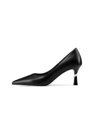 Pumps neri in pelle con punta affilata, dal design elegante, caratterizzati da un tacco modesto e un accentuo dorato alla base del tacco.
