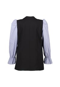 Zwarte tailored het vest met opgeblazen gestreepte mouwen in blauw en wit. Voorzien van een sjaalkraag, een getailleerde silhoutte en geplooide manchetten.