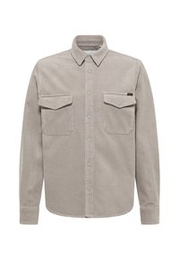 Graues Cordhemd mit Button-Down-Kragen, zwei Vorderentaschen und dezentem geripptem Strukturmuster. Verfügt über Druckknöpfe und lange Ärmel.