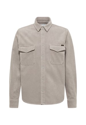 Graues Cordhemd mit Button-Down-Kragen, zwei Vorderentaschen und dezentem geripptem Strukturmuster. Verfügt über Druckknöpfe und lange Ärmel.
