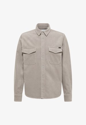 Graues Cordhemd mit Button-Down-Kragen, zwei Vorderentaschen und dezentem geripptem Strukturmuster. Verfügt über Druckknöpfe und lange Ärmel.