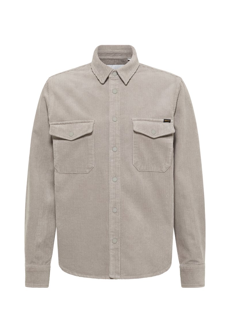 Graues Cordhemd mit Button-Down-Kragen, zwei Vorderentaschen und dezentem geripptem Strukturmuster. Verfügt über Druckknöpfe und lange Ärmel.