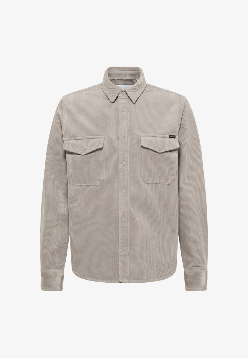 Graues Cordhemd mit Button-Down-Kragen, zwei Vorderentaschen und dezentem geripptem Strukturmuster. Verfügt über Druckknöpfe und lange Ärmel.