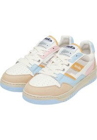 Two-tone sneakers featuring white perforated leather, pastel blue, pink, and beige accents, with a textured rubber sole and lace-up design.