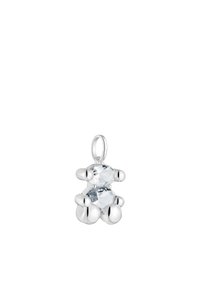 Ciondolo a forma di orso in argento decorato con gemme trasparenti e sfaccettate come corpo. Accenti lisci e arrotondati creano un design giocoso con un anello per il fissaggio.