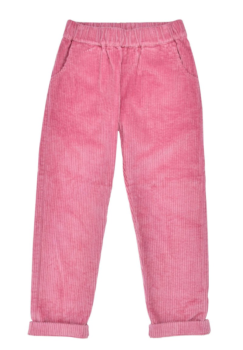 Pink corduroy pants with a loose fit, featuring an elastic waistband, two side pockets, and rolled cuffs. Vertical ribbed texture is visible.