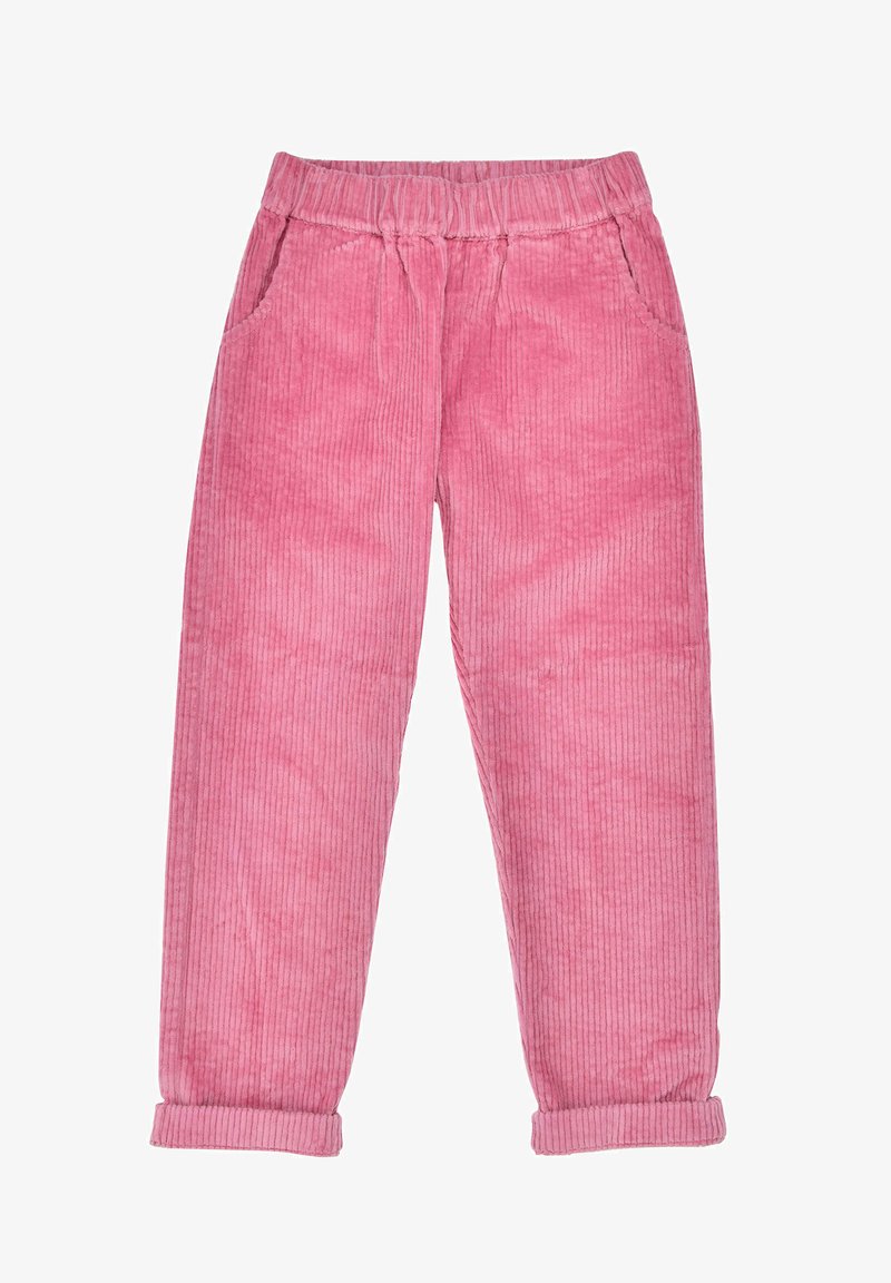 Pink corduroy pants with a loose fit, featuring an elastic waistband, two side pockets, and rolled cuffs. Vertical ribbed texture is visible.