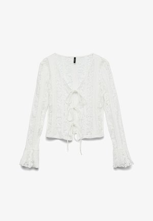 Balta mežģīņu īsā blūze ar dziļu V-veida kakla izgriezumu, garām piedurknēm ar platām malām un priekšējo sasiešanas detaļu. Visā virsmā izteikts ziedu raksts.