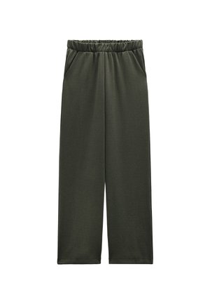 Ciemnozielone, miękkie spodnie z elastanem w pasie, z bocznymi kieszeniami oraz swobodnym krojem prostych nóg.