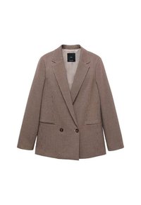 Blazer croisé à carreaux marron et beige avec revers crantés, deux boutons et poches passepoilées à l'avant, posé à plat sur fond blanc.