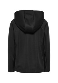 Sort hættetrøje med en glat tekstur, lange ærmer og en taljelængde med en lige kant. Ingen synlige mønstre eller hardware.