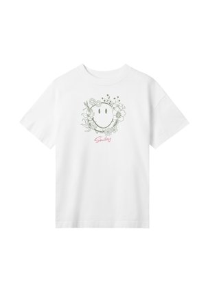 White cotton t-shirt featuring a green floral wreath design around a smiling face, with "Smiley" text in pink below the graphic.
