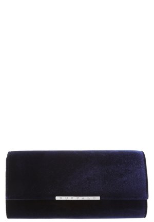 Rectangular dark blue velvet clutch purse with a silver metal plate engraved "BUFFALO" on the front flap.