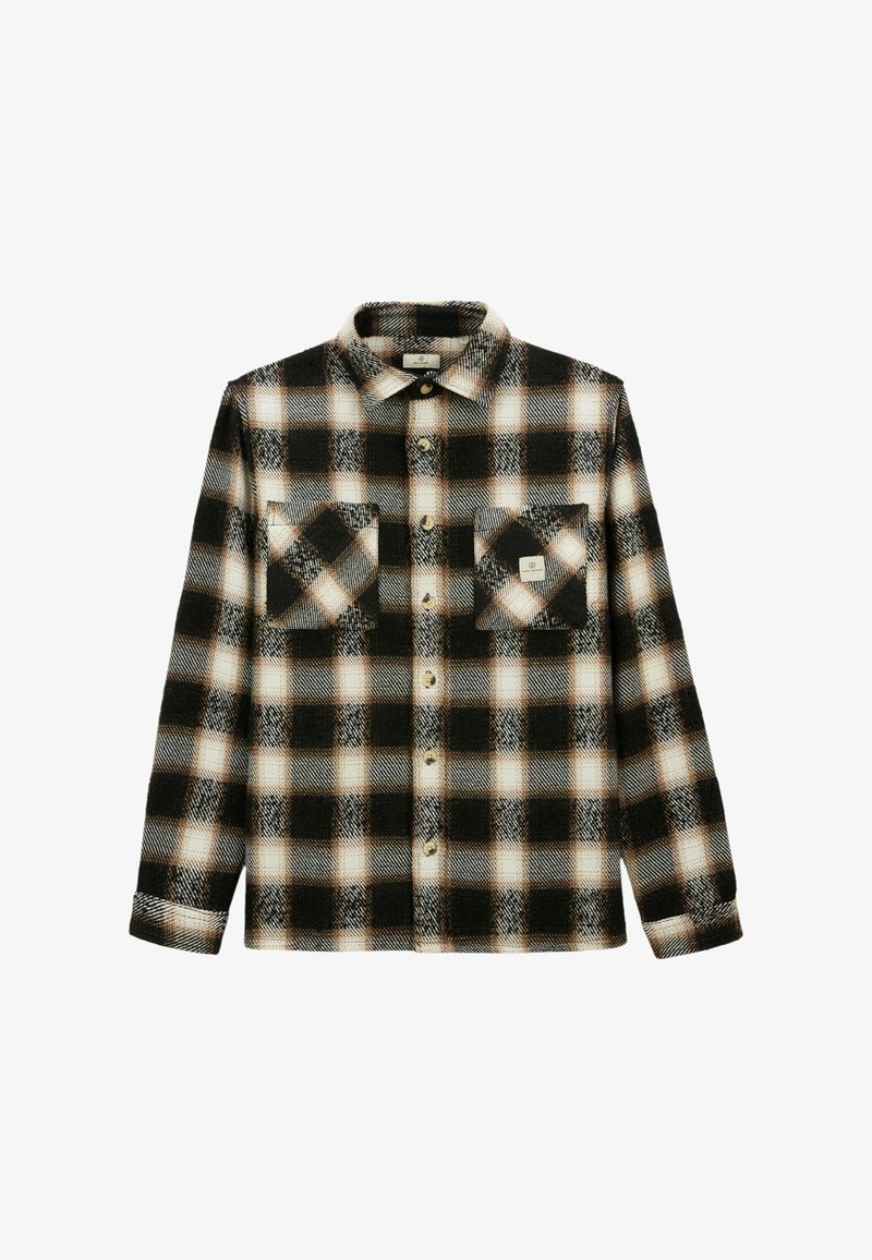 Chemise à carreaux noire, blanche et beige, à manches longues et deux poches poitrine, dont une avec un petit patch logo carré.