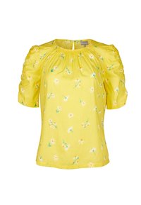 Blusa gialla a maniche corte con motivo floreale di margherite bianche, maniche arricciate, scollatura arricciata e chiusura con bottoncino sul retro.