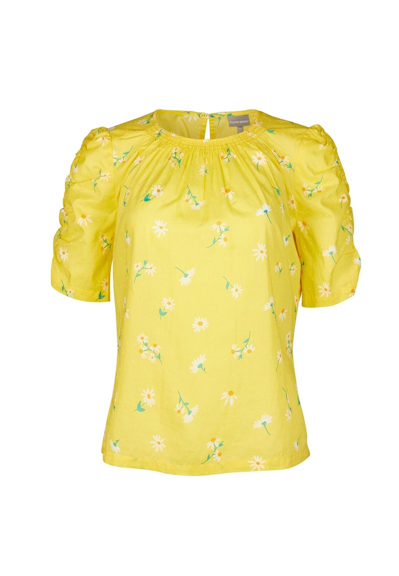 Blusa gialla a maniche corte con motivo floreale di margherite bianche, maniche arricciate, scollatura arricciata e chiusura con bottoncino sul retro.