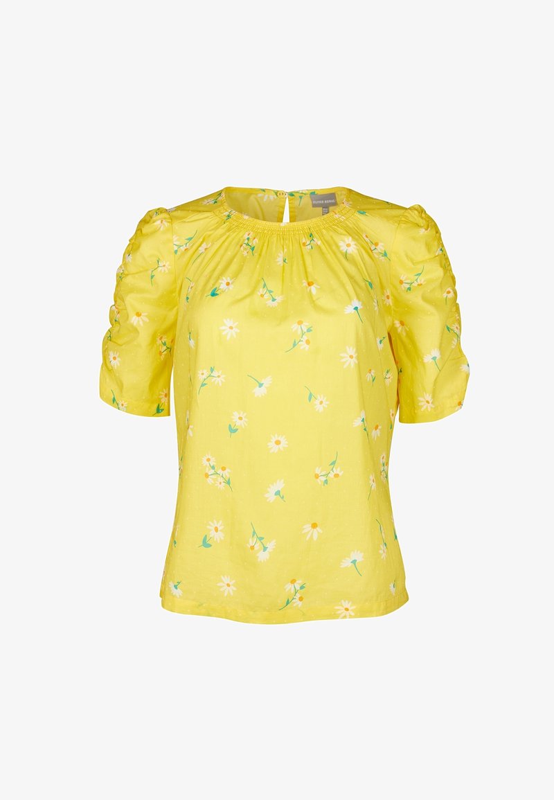 Blusa gialla a maniche corte con motivo floreale di margherite bianche, maniche arricciate, scollatura arricciata e chiusura con bottoncino sul retro.
