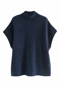 Dunkelblaues, gestricktes, ärmelloses Sweater mit geripptem hohen Kragen, Armöffnungen und Saum, lockerer Schnitt und weicher Textur.