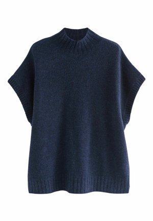 Dunkelblaues, gestricktes, ärmelloses Sweater mit geripptem hohen Kragen, Armöffnungen und Saum, lockerer Schnitt und weicher Textur.