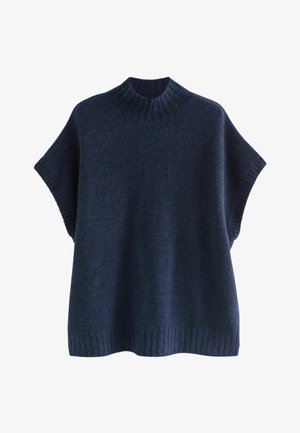Dark navy blue knitted sleeveless sweater with ribbed high neck, armholes, and hem, loose fit and soft texture.
