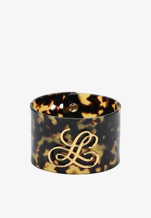 Tortoiseshell-patterned cuff bracelet in glossy acrylic, featuring a prominent gold-tone "L" logo at the center. Two size adjustment holes included.